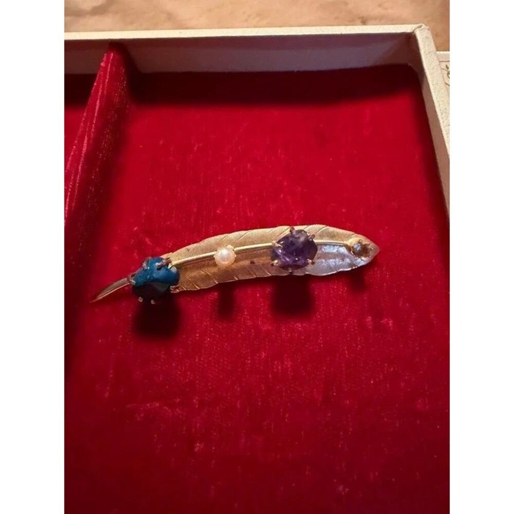 Vintage Signed VOGUE Mid-Century Raw Gemstone & Pearl Feather Brooch